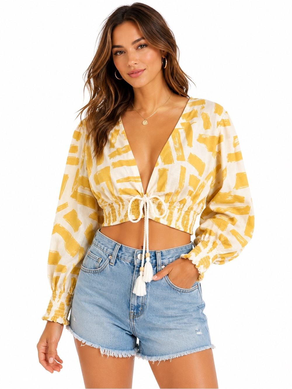 House of Harlow 1960 Yellow Linen Blend Crop Top Smocked‎ Tie Front Boho Medium